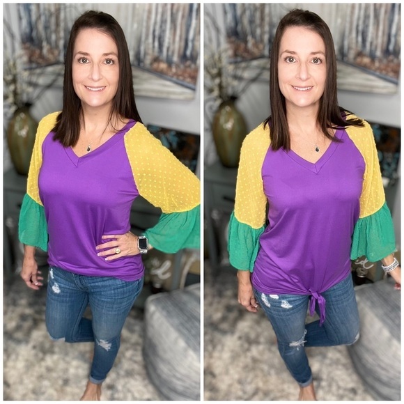 Mardi Gras Color Block Swiss Dot Flutter Bell Sleeves V Neck Tie Bottom 0724 - Picture 3 of 17